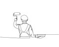 Painter paints a wall with roller, holds paint tray, worker in uniform, painter-plasterer one line art. Continuous line