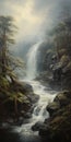 Hazy Romanticism: Detailed Forest Waterfall Painting