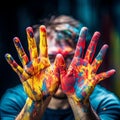 Painter& x27;s hands colored with tempera paints , generated by AI