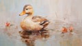 Impasto Minimalistic Zen Painting Of Duck On Soft Beige Background Royalty Free Stock Photo