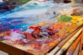 Painter`s wooden palette in disorder with mixed fresh bright oil paints at summer plainair Royalty Free Stock Photo