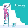 Painter standing on staircase paints wall vector sketch