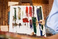 Painter at the studio creating abstract picture on canvas using oil paintings and palette knife. Young female artist Royalty Free Stock Photo