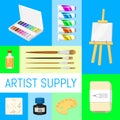 Painter tools bright set vector illustration. Artist equipment are watercolor, palette and paint brushes, easel, folder