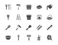 Painter tools flat glyph icons set Home renovating equipment roller paintbrush ladder masking tape, respirator vector