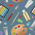 Painter tools pattern. Materials for artists brushes colored oil pallets pencils tubes for paintings textile design