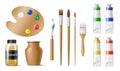Painter tools set with paintbrushes, acrylic paint in tubes, palette, pallet knife and paint brush Royalty Free Stock Photo