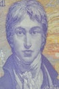 Painter William Turner portrait. British twenty pounds sterling banknote closeup