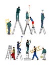 Painter workers on ladder vector illustration isolated on white background. Man decorator painting wall with paint brush roller.