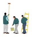 Painter workers with ladder vector illustration isolated on white. Man decorator painting wall with paint brush roller. Royalty Free Stock Photo