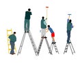 Painter workers on ladder vector illustration isolated on white. Man decorator painting wall with paint brush roller. Royalty Free Stock Photo