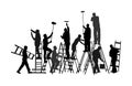 Painter workers on ladder vector silhouette isolated on white background. Man decorator painting wall with paint brush roller.