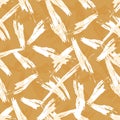 Painterly fiber texture vector seamless pattern background. Overlapping isolated bold white varied brushstrokes on ochre