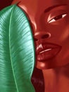 Close-up portrait of young beautiful African American woman partially hidden behind leaf of Ficus. Painterly illustration.