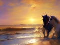 Painterly Illustration of wild horses on a beach at sunset AI Generated Royalty Free Stock Photo