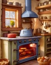 painterly image of a dreamy kitchen in a cottage showing an old oven or stove with a woodstack Royalty Free Stock Photo