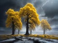 painterly image of a group of trees standing in the surreal black and yellow fantasy nuclear winter,dreamy and autumn atmosphere.