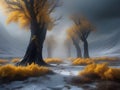 painterly image of a group of trees standing in the surreal black and yellow fantasy nuclear winter,dreamy and autumn atmosphere.