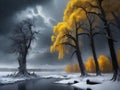 painterly image of a group of trees standing in the surreal black and yellow fantasy nuclear winter,dreamy and autumn atmosphere.