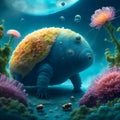 painterly image of the otherworldly landscape of a tardigrade and some bacteria. Royalty Free Stock Photo