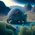 painterly image of the otherworldly landscape of a tardigrade and some bacteria. Royalty Free Stock Photo