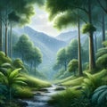 painterly image of serene scene of a beautiful rain falling on a lush forest.