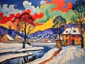 painterly image of the 15th century fauvism winter landscape.