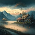 painterly look image of the China countryside landscape.