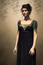 Painterly digital illustration of a beautiful young woman wearing a blue regency style dress.