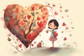 The girl is surrounded by red hearts and a heart shaped tree, Generative AI Royalty Free Stock Photo