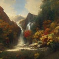 Painterly waterfall in the mountains with colorful fall foliage, generative AI