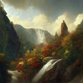 Painterly waterfall in the mountains with colorful fall foliage, generative AI