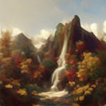 Painterly waterfall in the mountains with colorful fall foliage, generative AI