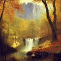 Painterly waterfall in the mountains with colorful fall foliage, generative AI