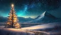 Painterly winter night scene of a Christmas tree with golden light and snowflakes on a dreamy blue-lit mountain background.