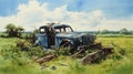 Elegant Watercolor Still-life: Crashed Truck In Grassy Field
