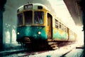 Painting of an abandoned train at the old station. Urban art. Free brushstrokes.