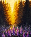 Painting Acrylic Oil Beautiful Pink Purple Flowers Ivan-tea Fireweed At Sunset In Forest