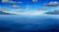 Painting with acrylic oil and seascape. Water, river, lake, travel. A blue sky with clouds over the endless blue sea. The mountain