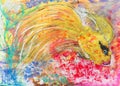 Painting with acrylic paints goldfish. Abstract hand-drawing of a fish in vibrant colors. Illustration for a book or postcard