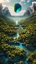 a painting of an alien landscape with mountains, trees, and water