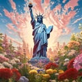 painting Goddess of America's Statue of Peace Standing in a bea of Peace Standing in a beautiful fairytale flower garden