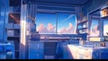 A painting animated of a sky with clouds at window bathroom view