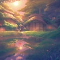A painting of an anime landscape with villages surrounded by water