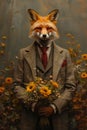 A painting of an anthropomorphic fox dressed in a suit, elegantly holding a bouquet of flowers