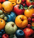 Painting of Apples, Oranges, and Grapes. A Still Life Artwork Illustrating Fruits.