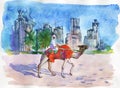 Painting Arab Emirates cityscape. Watercolor Dubai, sheikh, camel, beach and skyscraper