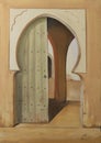 Painting of an Arabic door by unnamed artist on display inside the Chouara Tannery in Fes, Morocco. Royalty Free Stock Photo