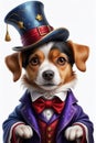 A painting art of adorable dog dressed as a magician on white background, animal creatures