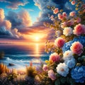 Painting art of beautiful flower bush, with blue sea, sunset, fluffy clouds, orange sky, plants, waterside Royalty Free Stock Photo